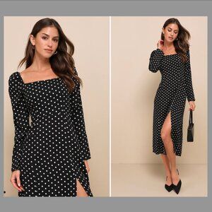 Charmed and Classy Black Polka Dot Long Sleeve Midi Dress